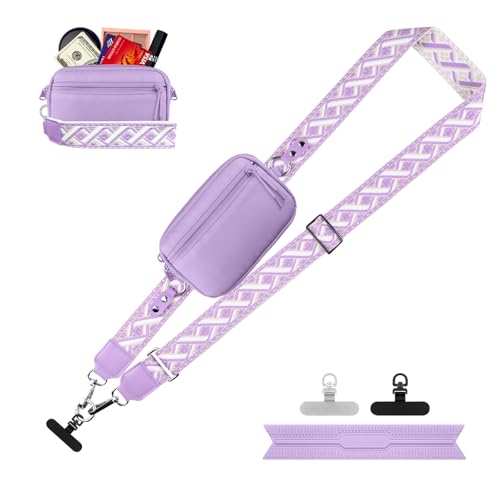 Image of YFWE Clip and Go Strap for Phone with Wallet Crossbody, Adjustable Phone Lanyard with Detachable RFID Wristlet Wallet, Pattern Strap, Purple (M)