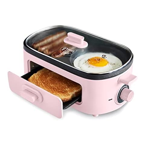 GreenLife 3-in-1 Breakfast Station, Ceramic Nonstick Dual Griddles for Eggs, Meat, Pancakes & Sandwiches + 2-Slice Toast Drawer, Healthy Cooking, Timer, Versatile Morning Meal Maker, Pink Cover