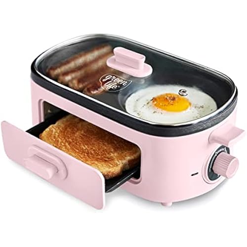GreenLife 3-in-1 Breakfast Maker Station, Healthy Ceramic Nonstick Dual Griddles for Eggs Meat Sausage Bacon Pancakes and Breakfast Sandwiches, 2 Slice Toast Drawer, Easy-to-use Timer, Pink