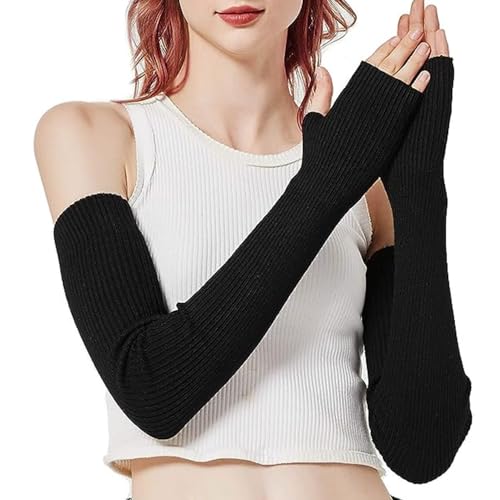 Riisoyu Lange Fingerlose Handschuhe, Stricken Weiche Dehnbare Fingerlose Handschuhe Armstulpen Ellenbogenlange Handwärmer mit Daumenloch für Frauen und Männer, Schwarz