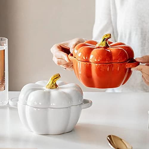 Pumpkin Bowl Set with Lid and Handle, Set of 2 Ceramic Ramekins for Baking, Casserole Dish Individual Severing Pot, Stoneware, Oven Safe, 14 Oz (Orange) - Thumbnail 2