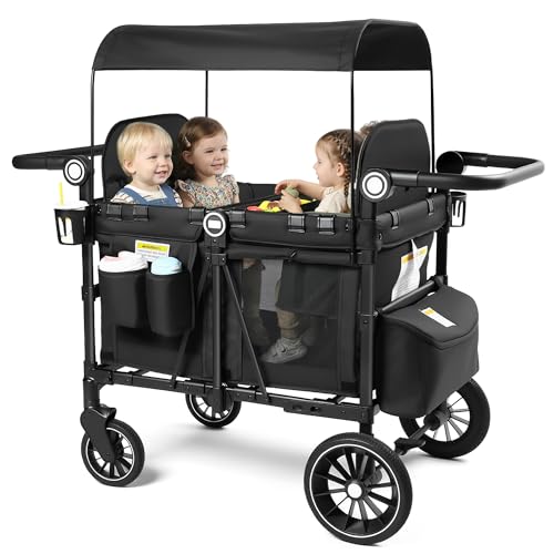 Kinder King Wagon Stroller for 4 Kids, All-Terrain Foldable Outdoor Stroller Wagon 4 Seater, Removable Canopy, Adjustable Handle, Detachable Tray, Large Storage, Black