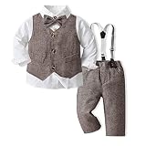 YiZYiF 4-teiliges Kinder Baby Jungen Anzug Set mit Hemd Weste Hosenträgern Hose Gentleman Outfit Hochzeit Taufe Festliche Bekleidungssets B_Braun 74-80/9-12 Monate