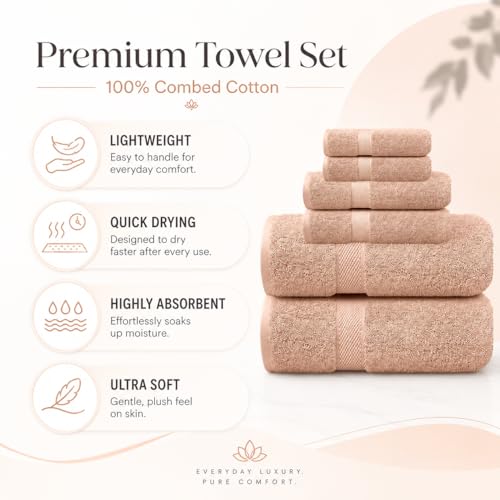 Image of Sulfar 100% Combed Cotton, 6 Pcs Towel Set - 2 Bath Towels (70 x 140 cm), 2 Hand Towels (40 x 70 cm) and 2 Face (30 x 30 cm) (600 GSM, Pack of 6) Nature Lux