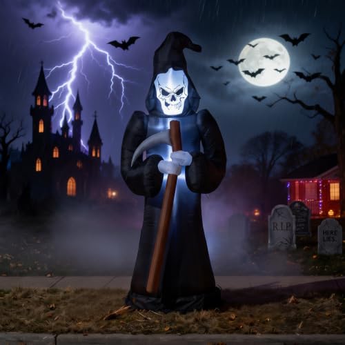 8FT Halloween Inflatables Giant Grim Reaper Outdoor Decorations, Large Blow Up Yard Grim Reaper Ghost Decor with Built-in LEDs for Garden Lawn Party
