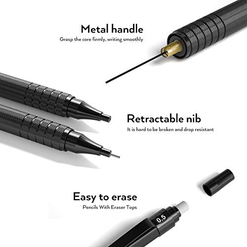 Nicpro 5 Pcs Art Mechanical Pencils Set, Black Artist Metal Drafting Pencil 0.5 & 0.7 & 0.9 Mm & 2Pcs 2Mm Graphite Lead Holder(4B 2B Hb 2H) For Drawing Writing Sketching With Lead Refills Erasers Case #TOP3
