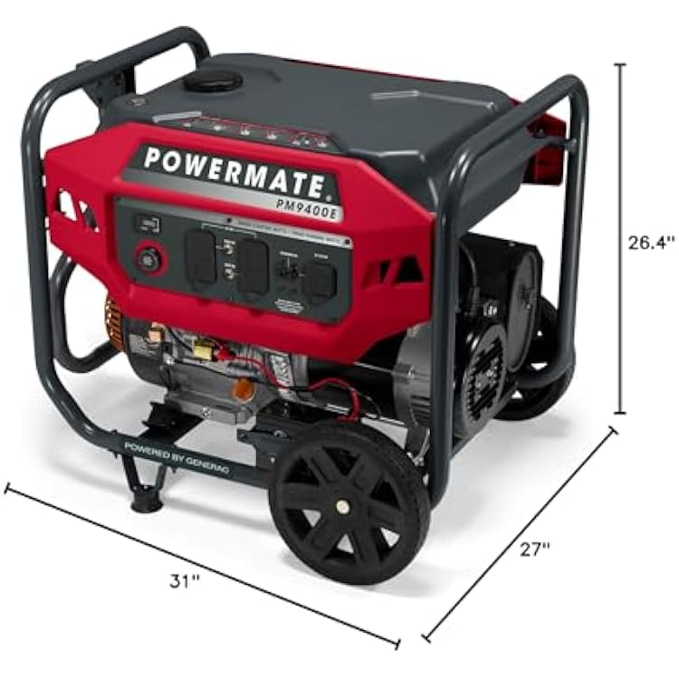 Powermate PM9400E 9,400-Watt Gas-Powered Portable Open Frame Generator - Quiet Electric Start - Ideal for Home, Camping, RV and Outdoor Activites - Engine Powered by Generac - 49 State/CSA - Red/Black
