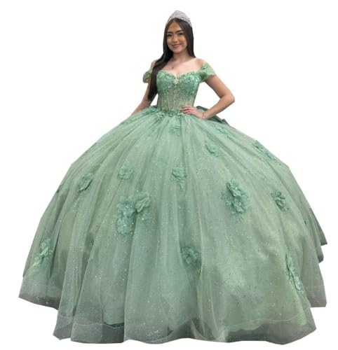 2025 Ball Gown Ruffles Quinceanera Prom Cocktail Dresses Sage Green 3D Floral Flower Pattern Lace