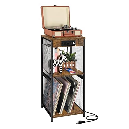 Suporte para toca-discos com armazenamento de vinil, armário de armazenamento de discos com tomada elétrica, mesa de toca-discos comporta até 170 álbuns, suporte para mesa giratória para sala de estar, quarto, marrom rústico