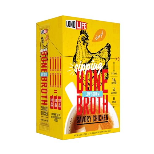 LonoLife Reduced Sodium Chicken Bone Broth Powder Mix | 10g Protein | Collagen-Rich, Keto & Paleo Friendly | Natural Ingredients | 10 Portable Stick Pack Servings