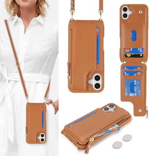 Étui portefeuille iPhone 16 marron anti-perte avec poche fermeture éclair