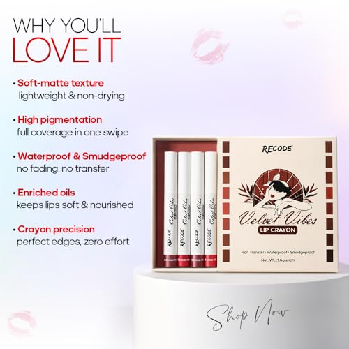 Image of Recode Velvet Vibes Matte Lip Crayon Set of 8 Shades | Smudgeproof & Waterproof | Lightweight Long-Lasting Lip Colour Collection | 1.5g Each