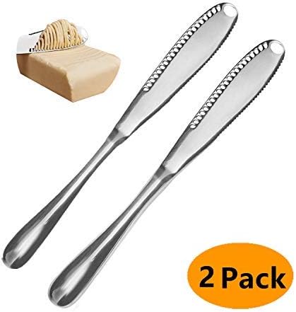 3in1 Butter Knife, Multi-Function Stainless Steel Butter Curler & Spreader with Serrated Edge, Shredding Slots for Cutting Vegetables Fruit Cheese, Set of 2, Silvery