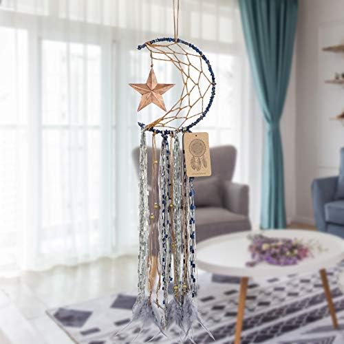 Dremisland Blue Dream Catcher Handmade Half Circle Moon Star Design with Feathers Dreamcatcher Wall Hanging Home Decoration Ornament Christmas Festival Craft Gift (Blue)