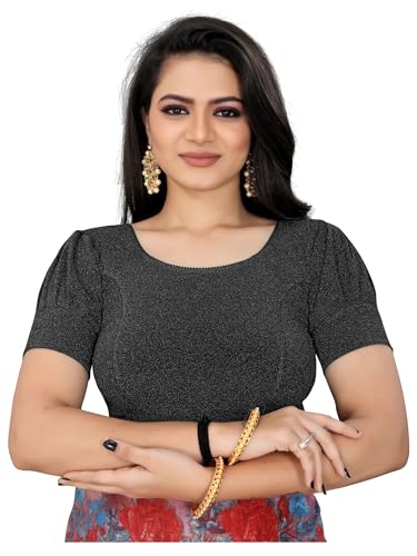 SEEANS Women’s Stretchable Poly-Saree Blouse – Round Neck, Half Sleeve Colors (BLACK, 36 TO 40)