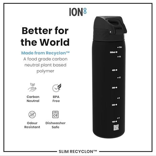 Ion8 Water Bottle, 500 ml/18 oz, Leak Proof, Easy to Open, Secure Lock, Dishwasher Safe, BPA Free, Hygienic Flip Cover, Carry Handle, Fits Cup Holders, Easy Clean, Carbon Neutral, Black - Image 6