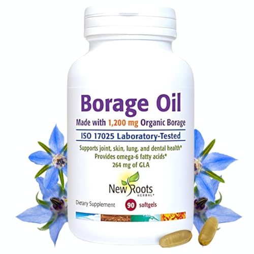 NEW ROOTS HERBAL Borage Oil Supplement 1200 mg | Organic Borage Seed Oil Cold-Pressed (90 softgels) GLA Supplement (264mg) with Linoleic Acid (444mg) | 100% Hexane-Free