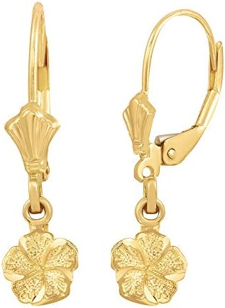 14K Gold Tropical Hibiscus (Round Bush) Flower Dangle Earrings