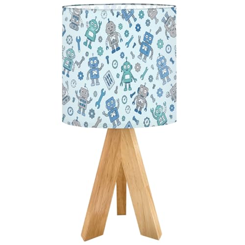 RAINFALLARING Tripod Bedside Table Lamp for Bedroom Cute Robot Tools Gears Blue Green Tones Nightstand Lamps Desk Lamp with Linen Fabric Shade for Nursery Room Living Room Kids Room