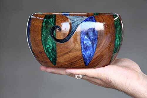 Image of Wooden Yarn Bowl for Knitting and Crocheting - Rosewood and Resin Mix Yarn Bowl, Large Wooden Yarn Bowl, Yarn Storage Handmade Crocheting Organizer 7 inch x 4 inch
