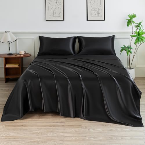 LIFCOM Satin Sheets Full Size Bed Set,Similar to Silk Sheets,4Pcs Luxury Satin Sheet Set with 15 Inches Deep Pocket (Full, Black)