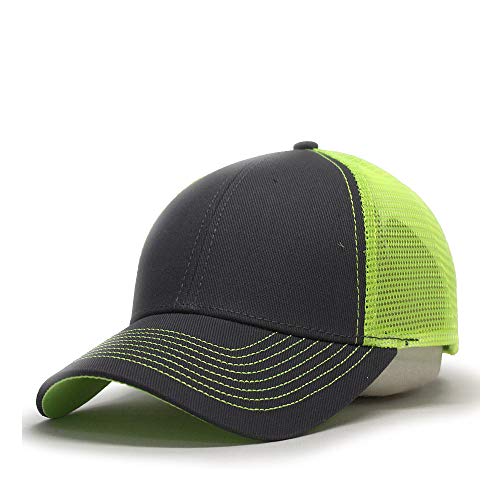Vintage Year Plain Two Tone Cotton Twill Mesh Adjustable Trucker Baseball Cap (Charcoal Gray Neon Yellow)