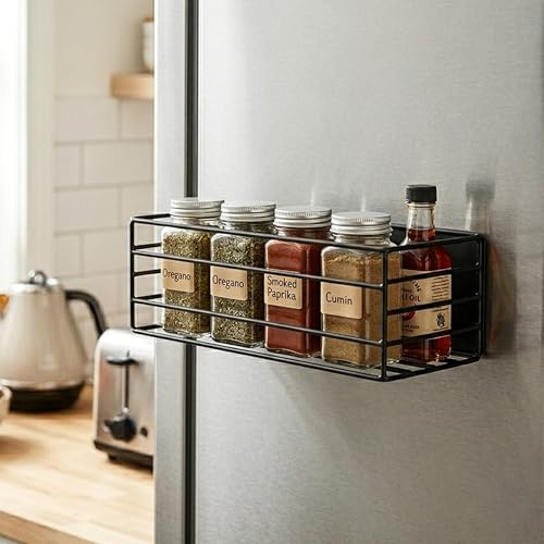 Image of Amazon Basics Magnetic Organizer for Fridge Space-Saving side Storage (27.5 x 11 X 7.5 cm, Iron, Black), Set of 1, Load Capacity: 1.5Kg