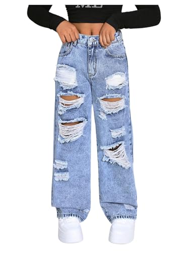 SweatyRocks Girl's Ripped Jeans High Waisted Straight Leg Distressed Denim Pants with Pockets