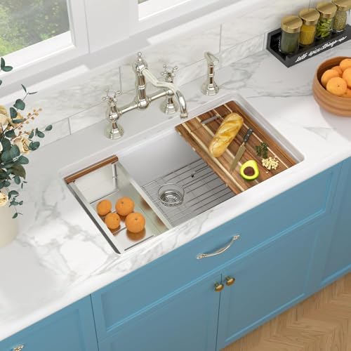 Sarlai Granite Composite Kitchen Sink - 32 x 19 Inch Granite Undermount Kitchen Sink Ledge Workstation 32 Inch Under-Mount White Quartz Classic Single Bowl Sinks Under Counter Basin With Accessories by Sarlai - Used condition - Image 2