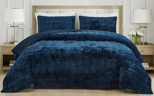 Chezmoi Collection Piers Navy Blue Velvet Quilt Oversized King Set,