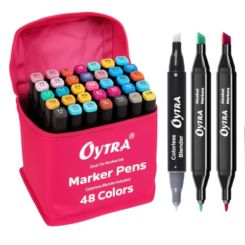 Oytra Dual Tip Markers Set 48 Colors With Colorless Blender Ideal for Coloring, Drawing, Sketching, and Painting
