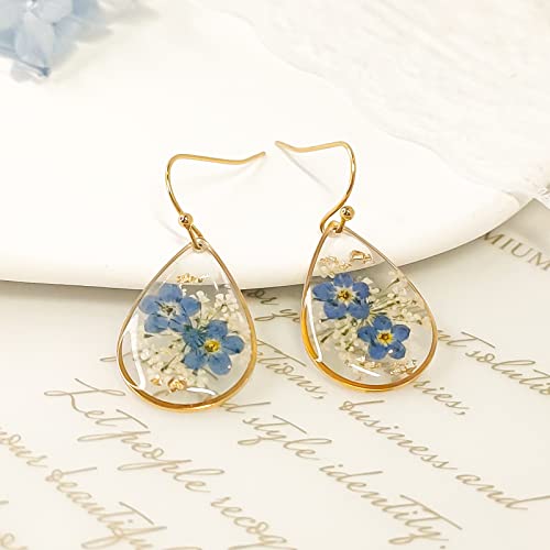 Pressed Flower Earrings,Handmade Pressed Forget-Me-Not Flower Earrings For Women,Unique Resin Drop Dangle Plant Earrings Dry Flowers,Perfect For Your Birthday Party, Christmas, Gift Giving. #TOP1