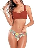 SHEKINI Damen Bikini Set Chic Sportlich Weste Ruched Gepolstert Bikinioberteil Zweiteiliger Badeanzug für Frauen Triangel Bikinihose Bademode (S,A-rostrot)
