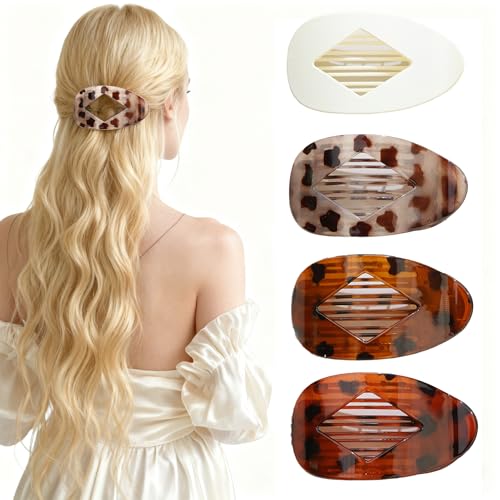 OGDE 4 PCS Large Flat Leopard Print Duck Billed Lay Down Hair Claw Clips - Matte Strong Hold Barrettes for Women Thin Hair