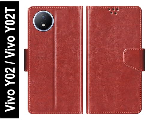 Image of SBMS Flip Cover for Vivo Y02 / Vivo Y02T Back Cover Case with Magnatic Closure | Inbuilt Stand | Card & Money Pocket (Brown)