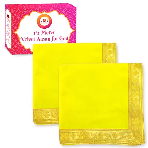Image of Bhakti Lehar (20 x 40 Inch) Plain Yellow Velvet Pooja Aasan for God Idol /Chowki Aasan Kapda Cloth for Temple Shelf Home Mandir, Ganesh Baithak and God Idol Sitting - Pack of 2