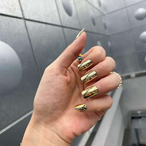 Novo Ovo Short Medium Square Gold Holographic Chrome Thick Fake False Press On Nails Siren Glossy Golden Mirror Metallic Effect Acrylic Stick On Nail Kit With Glue For Valentine's Day Spring #TOP1