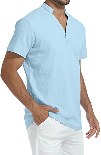 Mlanm Men's Cotton Linen Henley Shirt Short Sleeve Hippie Casual Beach T Shirts Large, Sky Blue #TOP1