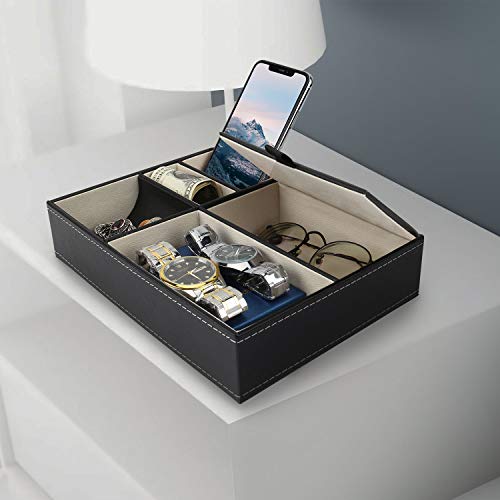 Baoyun Mens Valet Tray Organizer, Mens Jewelry Box, Nightstand Organizer With 5 Compartments, Dresser Faux Leather Storage Box For Wallet, Phone, Keys (Black) #TOP5