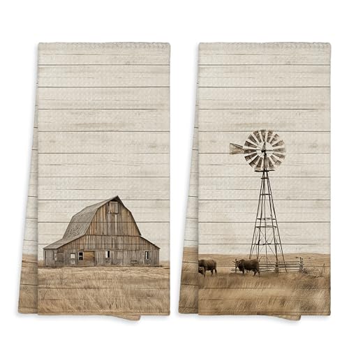Fewgb Rustic Farmhouse Windmill Kitchen Towel Gifts Decorative Set of 2, Country Barn Dish Towels Dishcloths Tea Towels, Cottagecore Cow Waffle Weave Microfiber Hand Towel for Bathroom Decor 16x24