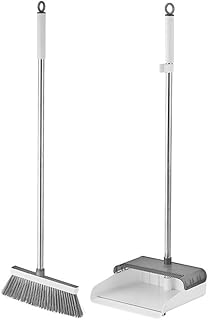 Broom with Dustpan Set, Dust Pan and Broom with Long Handle and Comb Teeth, Heavy Duty Upright Standing Dustpan Broom Comb...