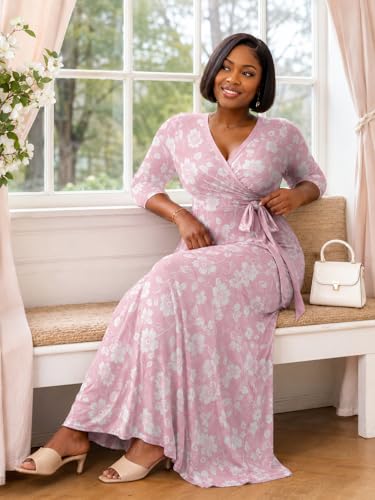 Image of PinkPatty Plus Size Maxi Dresses for Women Casual Flowy Long Dress 3 /4 Sleeve V Neck Wrap Dress with Belt