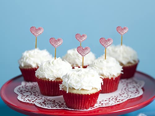 Glitter Pink Heart Cake Toppers Heart Cupcake Toppers Valentine's Day For Sweet Love Theme Wedding Engagement Bridal Shower Birthday Party Cake Decoration Supplies 50Pcs #TOP1