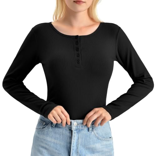 Walifrey Women's Long Sleeve Henley Shirts Ribbed Knit - image 6