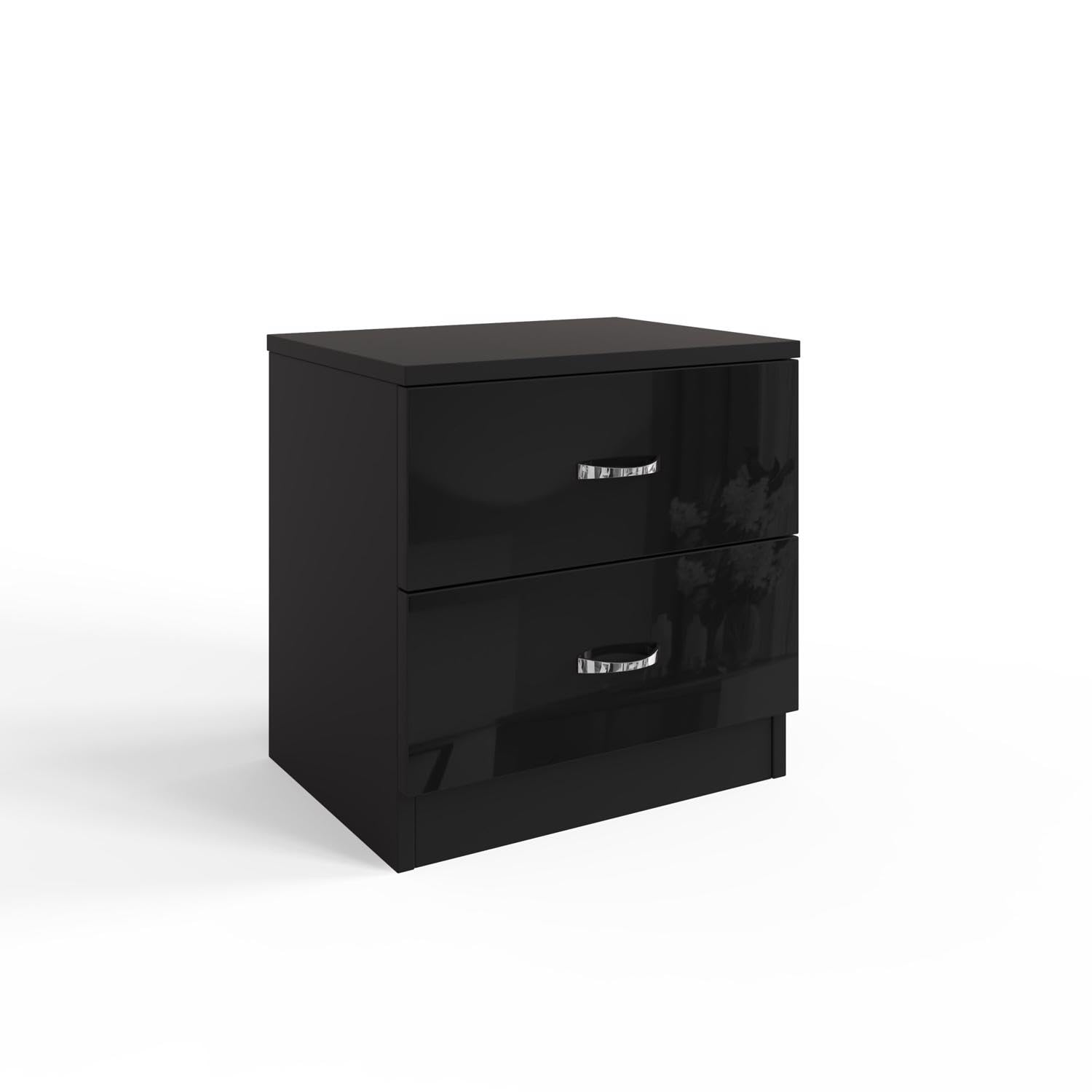 FWStyle Black Bedside Cabinet Table Black Gloss Drawer Fronts Metal Fittings Large drawers. W45 x H46 x D35cm.