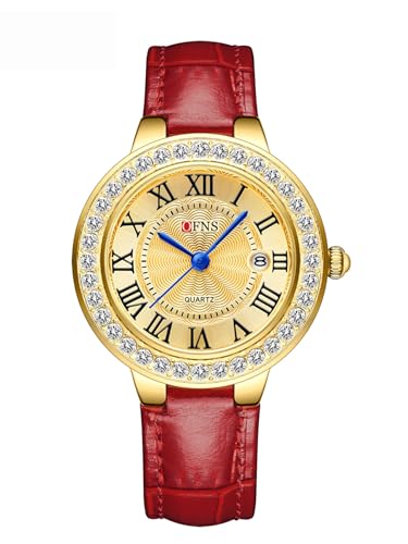 Image of Women's Watch Leather Quartz Ladies Watch with Roman Numerals Diamond Waterproof Fashion Wristwatch for Women Ladies Girls (Red Gold Gold)