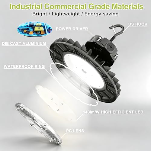 Hylele UFO LED High Bay Light 200W, 3-in-1 Adjustable Wattage (200W/150W/120W), 28000LM High Efficacy, ETL Listed High Bay LED Shop Light, IP65 IK10, Plug & Hook, 0-10V Dimmable for Warehouse Garage by Hylele - Image 5
