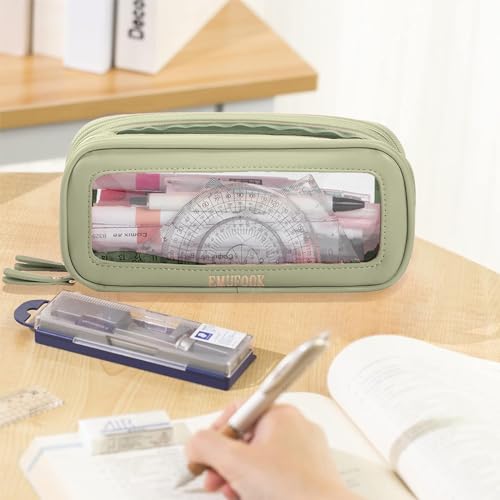 Image of EMUFOOK Clear Pencil Case Aesthetic Large Capacity Pencil Pouch With Zipper Simple Stationary Pencil Bag Transparent Pen Case for School Teen Girl Boy Multi-Purpose Bag for Office Men Women, Green