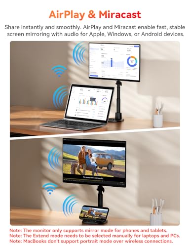Image of Wireless Portable Monitor Battery-Powered, Support AirPlay Miracast, 15.6 inch 1080P Monitor USB-C HDMI External Display w /Stand Bag, 2nd Screen for Laptop MacBook PC Phone Tablet, Built-in Battery(4- 5H)