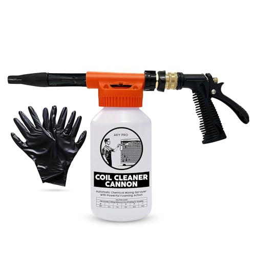 AC Coil Cleaner Cannon Sprayer - Automatic Mixing Foam Gun for HVAC Coil Cleaner - Air Conditioner Coil Cleaner for AC Unit, Evaporator & Condenser Coils - 2-Quart Bottle with Dilution Ratios + Gloves